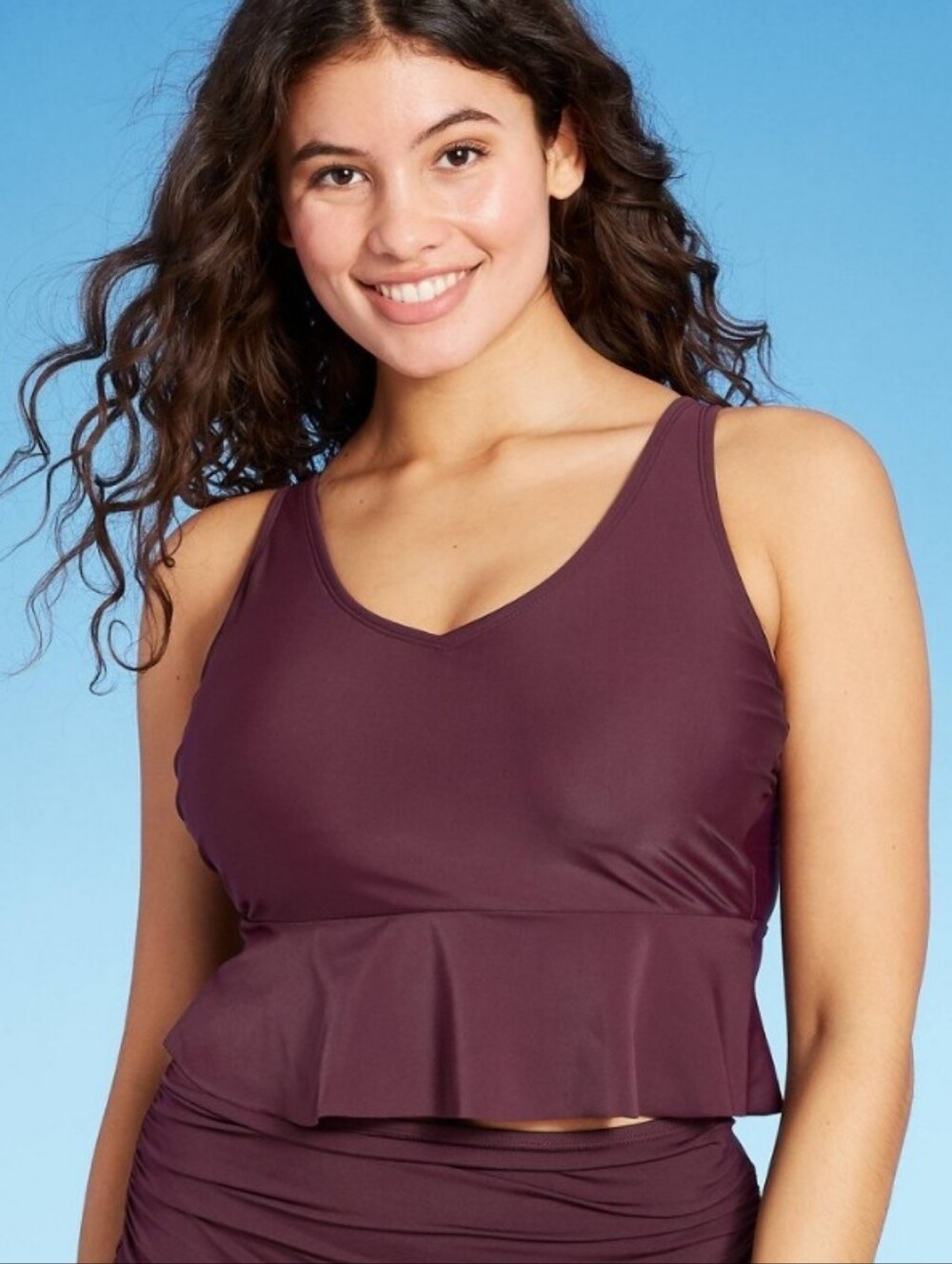 Peplum Scoop Neck Cropped Tankini Top - Kona Sol Burgundy M